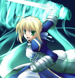 Rule 34 | 00s, 1girl, ahoge, armor, armored boots, armored dress, artoria pendragon (fate), blonde hair, blue dress, boots, dress, fate/stay night, fate (series), female focus, gauntlets, green eyes, juliet sleeves, jun (aoerm), long sleeves, looking at viewer, outstretched arms, puffy long sleeves, puffy sleeves, saber (fate), short hair, solo, tareme