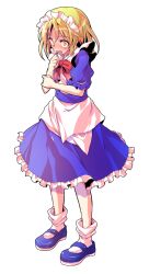 1girl apron bare_arms blonde_hair blue_dress blue_shoes blush bobby_socks bow bowtie commentary_request dairi dress frilled_dress frills full_body highres large_variant_set maid maid_headdress mary_janes mugetsu_(touhou) open_mouth puffy_short_sleeves puffy_sleeves red_bow red_bowtie shoes short_sleeves socks solo standing touhou touhou_(pc-98) transparent_background variant_set waist_apron white_apron white_socks yellow_eyes