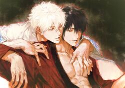 2boys abs black_background black_hair chimmyming collarbone gintama hair_between_eyes hand_on_another&#039;s_chest highres japanese_clothes kimono long_sleeves looking_at_another male_focus messy_hair multiple_boys one_eye_closed open_clothes open_kimono parted_lips pectoral_cleavage pectoral_grab pectorals red_eyes red_kimono sakata_gintoki short_hair smile takasugi_shinsuke toned toned_male upper_body white_hair white_kimono wide_sleeves yaoi