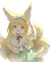 Rule 34 | 1girl, absurdres, animal ears, arknights, blonde hair, chinese commentary, commentary, fox ears, fox girl, fox tail, frilled hairband, frills, green eyes, gug292953576, hairband, highres, kitsune, kyuubi, long hair, long sleeves, multiple tails, neck ribbon, official alternate costume, red ribbon, ribbon, shirt, simple background, skirt, solo, suzuran (arknights), suzuran (spring praise) (arknights), tail, white background, white shirt