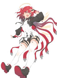 1girl arknights black_gloves black_necktie boots breasts collared_shirt cropped_jacket exusiai_(arknights) exusiai_the_new_covenant_(arknights) fingerless_gloves gloves halo highres kataokasan necktie open_mouth red_eyes red_hair shirt shorts sketch skindentation small_breasts thighhighs twintails v white_shirt white_thighhighs wings zettai_ryouiki