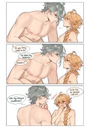 2boys absurdly_long_hair absurdres aether_(genshin_impact) alhaitham_(genshin_impact) blonde_hair blush braid english_text genshin_impact grey_hair highres implied_sex long_hair multiple_boys nipples nude suspicious_dish trap very_long_hair yaoi