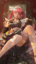 1girl alternate_costume apron breasts fire_emblem fire_emblem:_three_houses garter_straps grin highres hilda_valentine_goneril irisl large_breasts long_hair long_sleeves looking_at_viewer lying maid maid_apron maid_headdress nintendo on_back one_eye_closed pink_eyes pink_hair smile solo thighhighs thighs twintails white_thighhighs