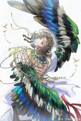 Rule 34 | 1boy, absurdres, ancient egyptian clothes, arm up, artist name, bird legs, black eyes, brown hair, facial mark, fuchen shuiyuan, getian (herald of horus) (reverse:1999), getian (reverse:1999), grey eyes, hair ornament, harpy boy, highres, male focus, monster boy, reverse:1999, sample watermark, short hair, solo, tunic, upper body, usekh collar, watermark, weibo watermark, white background, white tunic