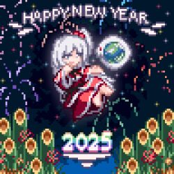 Rule 34 | 1girl, 2025, capelet, dress, earth (planet), fireworks, grey eyes, hair bobbles, hair ornament, happy new year, long hair, new year, night, night sky, nukekip, one side up, open mouth, pixel art, planet, red dress, ribbon, shinki (touhou), sky, smile, solo, touhou, touhou (pc-98), white hair, wings