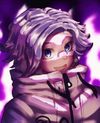 1boy aotsuki_eito black_background blue_eyes blush fire glasses highres jacket looking_at_viewer male_focus open_mouth parted_hair pink_background pink_fire purple_background simple_background solo solo_focus teeth the_hundred_line_-last_defense_academy- tongue white_hair white_jacket zipper zipper_pull_tab