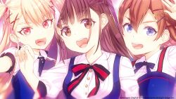 Rule 34 | 3girls, blonde hair, blue eyes, bow, bowtie, brown eyes, brown hair, buriki, copyright notice, fang, hair ornament, hairpin, highres, idol clothes, long hair, multiple girls, nabatame haru, official art, open mouth, red eyes, seibu rio, shine post, shirt, split screen, tamaki kyouka, teeth, two side up, upper body, very long hair, white shirt