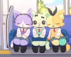 3girls animal_ears bag beatcats black_bow black_shoes blue_socks blush bow cat_ears cat_girl cat_tail closed_eyes commentary_request emma_(beatcats) freckles furry furry_female furry_with_furry girl_sandwich green_fur green_sweater_vest headphones layla_(beatcats) leaning_on_person lion_tail loafers long_sleeves multiple_girls necktie nervous pink_eyes plaid_clothes plaid_skirt pleated_skirt purple_fur purple_sweater_vest red_necktie remoa_(kuremoa3912) rico_(beatcats) sandwiched sanrio school_bag school_uniform shirt shoes sitting skirt socks sweatdrop sweater_vest tail train_interior white_shirt yellow_fur yellow_sweater_vest yuri