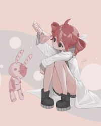 1girl ahoge alternate_costume alternate_eye_color arm_up black_boots black_eyes boots bow child coat drill_hair erlenmeyer_flask fi_glow flask grey_sweater hair_between_eyes hair_bow highres holding kasane_teto kasane_teto_(sv) looking_at_object pink_background red_hair science_(synthesizer_v) solo squatting stuffed_toy sweater synthesizer_v twin_drills utau white_bow white_coat