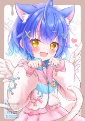 Rule 34 | absurdres, ahoge, amamiya kokoro, amamiya kokoro (4th costume), angel wings, animal ears, blue hair, blush, cat ears, cat tail, commentary, fang, hair between eyes, hair ornament, happy, heart, heart hair ornament, highres, jacket, looking at viewer, matcha november, mini wings, nijisanji, open mouth, paw pose, short hair, skin fang, tail, virtual youtuber, wings, x hair ornament, yellow eyes