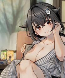 1girl bath_yukata black_hair braid breasts can cleavage commentary_request hair_flaps hair_ornament hairclip hand_in_own_hair highres hiryuu_(kancolle) japanese_clothes jewelry jingei_(kancolle) kantai_collection kimono kirisawa_juuzou knees_together_feet_apart large_breasts long_hair looking_at_viewer low_ponytail ponytail red_eyes ring single_braid smile solo striped_clothes striped_kimono upper_body yukata yura_(kancolle)