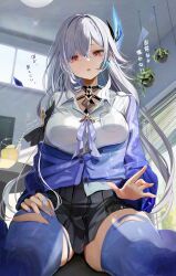 1girl black_skirt blue_nails blue_thighhighs breast_pocket breasts collared_shirt commentary_request cup drinking_straw fingernails genshin_impact grey_hair hair_between_eyes hair_ornament highres indoors kabu_usagi large_breasts long_hair looking_at_viewer nail_polish open_mouth partially_unbuttoned pleated_skirt pocket red_eyes shirt signature skirk_(genshin_impact) skirt solo thighhighs twitter_username very_long_hair white_shirt window_blinds