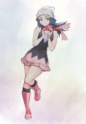 1girl bare_shoulders beanie black_shirt black_socks black_vest blue_eyes blue_hair boots breasts closed_mouth commentary contrapposto dawn_(pokemon) english_commentary floating_hair floating_scarf full_body hair_ornament hairclip half-closed_eyes half_updo hands_up hat holding holding_poke_ball invisible_floor kneehighs layered_clothes leaning_to_the_side long_eyelashes long_hair looking_at_viewer miniskirt nintendo own_hands_together pink_boots pink_scarf pink_skirt poke_ball poke_ball_(basic) poke_ball_print pokemon pokemon_dppt scarf shirt sidelocks skirt sleeveless sleeveless_shirt small_breasts smile socks solo standing standing_on_one_leg thick_eyelashes thighs vertigris vest white_background white_hat