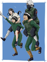 Rule 34 | 4boys, :d, :o, black eyes, black footwear, black hair, blue background, bowl cut, carrying, eyepatch, flying sweatdrops, green pants, green shirt, green vest, grey hair, hatake kakashi, headband, highres, hyuuga neji, leg wrap, long hair, mask, might guy, mouth mask, multiple boys, naruto (series), no pupils, open mouth, pants, piggyback, pointing, rock lee, running, sai01742219, shirt, smile, toeless footwear, vest