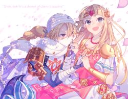 1boy 1girl adjusting_scarf armor bandaged_arm bandages blonde_hair blue_eyes border braid cherry_blossoms covered_mouth dress earrings english_text fingerless_gloves genderswap genderswap_(ftm) gloves gold_trim grin hand_on_another&#039;s_hand jewelry long_hair miri_(cherryjelly) multicolored_dress necklace nintendo open_mouth pink_dress pointy_ears princess_zelda red_eyes scarf sheik sheikah short_sleeves smile super_smash_bros. surcoat the_legend_of_zelda the_legend_of_zelda:_a_link_between_worlds the_legend_of_zelda:_ocarina_of_time tiara triforce upper_body white_border white_dress white_headwear