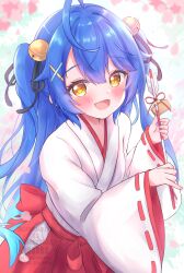 absurdres ahoge amamiya_kokoro bell blue_hair blush fang hair_bell hair_between_eyes hair_ornament hair_ribbon happy highres japanese_clothes jingle_bell looking_at_viewer matcha_november miko mini_wings new_year nijisanji open_mouth ribbon skin_fang two_side_up virtual_youtuber wings x_hair_ornament yellow_eyes