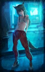 1girl animal_ears arknights black_hair breasts collarbone crop_top hand_in_pocket highres long_hair navel outdoors pants pixiv rain shoes sneakers solo tail tales_of_(series) tales_of_phantasia texas_(arknights) underboob water wolf_ears wolf_tail