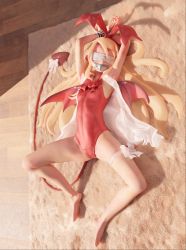 1girl 3d bdsm beanis blender_(medium) blindfold blonde_hair bondage bound bound_wrists bow commentary demon_tail demon_wings disgaea female_focus flonne flonne_(fallen_angel) frilled_thigh_strap full_body gag hairband highres improvised_gag leotard loli long_hair makai_senki_disgaea neck_ribbon pointy_ears red_leotard ribbon rug shirt solo tail tail_bow tail_ornament tape tape_gag thigh_strap white_shirt wings