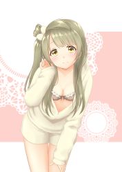 Rule 34 | 10s, 1girl, absurdres, adjusting hair, blush, bow, bow bra, bra, breasts, brown bow, brown bra, brown eyes, cleavage, closed mouth, downblouse, female focus, grey hair, hair bow, hand on leg, highres, leaning forward, long hair, looking at viewer, love live!, love live! school idol project, medium breasts, minami kotori, oekaki tako, open clothes, side ponytail, smile, solo, standing, underwear, unzipped