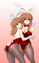 Rule 34 | 2girls, animal ears, ass, bare shoulders, breasts, brown eyes, brown hair, cameltoe, clannad, cleavage, detached sleeves, furukawa nagisa, furukawa sanae, highleg, highleg leotard, highres, large breasts, leotard, medium breasts, mother and daughter, multiple girls, playboy bunny, rabbit ears, rabbit tail, red leotard, smile, tail