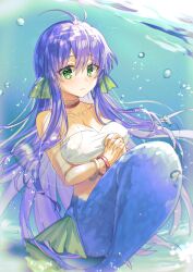 1girl absurdres air_bubble antenna_hair bare_shoulders bikini blush bracelet breasts bubble choker cleavage closed_mouth collarbone commentary covered_erect_nipples crying crying_with_eyes_open eyes_visible_through_hair floating_hair frown full_body green_eyes hair_between_eyes highres interlocked_fingers jewelry large_breasts long_hair looking_at_viewer madou_monogatari mermaid monster_girl own_hands_together purple_hair puyopuyo red_choker serilly_(puyopuyo) sitting solo strapless strapless_bikini submerged swimsuit tears underwater very_long_hair white_bikini yellow_choker zuzuhashi