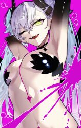 armpits breasts demon_horns fangs fate/grand_order fate_(series) green_eyes highres horns kabosoi_mangaka lilith_(fate) navel one_eye_closed open_mouth stomach_tattoo tattoo twintails white_hair