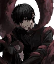 1boy black_eyes black_jacket black_pants chainsaw_man ear_piercing earrings feet_out_of_frame gakuran hair_between_eyes highres jacket jewelry long_sleeves looking_to_the_side male_focus multiple_earrings octopus pants piercing school_uniform short_hair sideways_glance simple_background sitting solo sso_s tentacles white_background yoshida_hirofumi