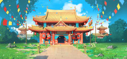architecture banner building chinese_commentary cloud commentary_request curtains east_asian_architecture flower grass highres lantern no_humans original path pillar plant reflective_floor road rooftop scenery shade sky stone tower tree xingzhi_lv