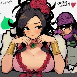 Rule 34 | 1boy, 1girl, :i, armlet, black eyes, black hair, bracelet, breasts, brown hair, cleavage, cloak, commentary, copyright name, couple, deborah (dq5), dragon quest, dragon quest v, dress, english commentary, floating clothes, flower, fur shawl, gem, gold bracelet, green gemstone, hair flower, hair ornament, heart, hero (dq5), hetero, highres, jewelry, large breasts, lipstick mark, looking at another, looking to the side, lunchiblz, mole, mole under eye, necklace, pink dress, pink lips, pout, purple cloak, purple turban, red flower, red nails, red rose, red trim, rose, shawl, silver armlet, slime (dragon quest), tunic, turban, updo, white background, white tunic