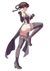 1girl :d ass blunt_bangs bracelet braid braided_hair_rings breasts brown_eyes brown_hair china_dress chinese_clothes commentary_request commission dead_or_alive dress elbow_gloves full_body gloves hair_rings highres jewelry knee_up lei_fang medium_breasts open_mouth pixiv_commission smile standing standing_on_one_leg tecmo thighhighs white_background yagi2013