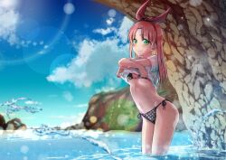 1girl arched_back arms_up ass bikini blue_sky blush bow breasts cave closed_mouth cloud cowboy_shot day green_eyes hair_bow kusu_(moo1225) lake laura_newfield long_hair looking_at_viewer navel outdoors parted_bangs pink_hair red_bow ribbon see-through_clothes shirt side-tie_bikini_bottom sky smile solo sunlight swimsuit t-shirt thighs undressing water water_drop wet wet_clothes wet_shirt wet_swimsuit yuukyuu_gensoukyoku