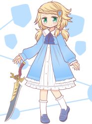 1girl bad_id bad_twitter_id blonde_hair blue_bow blue_dress blue_shoes blush bow braid closed_mouth collared_dress dress frilled_dress frills full_body green_eyes hair_ornament kneehighs loafers long_hair long_sleeves looking_at_viewer low_twintails original puffy_sleeves reverse_(bluefencer) shoes sleeves_past_wrists smile socks solo standing sword twintails weapon white_background white_socks