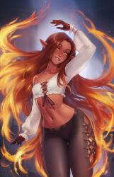 arm_up bare_shoulders biting_own_lip breasts clothing_cutout colored_sclera colored_skin fiery_hair highres long_hair looking_at_viewer lowleg lowleg_pants multicolored_hair navel orange_eyes orange_hair orange_sclera original pants personal_ami pointy_ears red_hair red_skin small_breasts thigh_cutout tight_clothes tight_pants very_long_hair