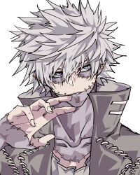 1boy boku_no_hero_academia collarbone dabi_(boku_no_hero_academia) earrings grey_hair hair_between_eyes high_collar highres jewelry kg_kkgg looking_to_the_side male_focus parted_lips scar scar_on_arm scar_on_face short_hair simple_background solo spiked_hair stitched_face stitches upper_body white_background