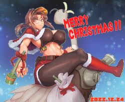 1girl bell belt bird boots bow bra breasts brown_belt brown_bra brown_eyes brown_hair capelet christmas closed_mouth commentary_request dated english_text fio_germi fur-trimmed_boots fur-trimmed_capelet fur-trimmed_skirt fur_trim gatling_gun glasses hat jingle_bell large_breasts long_hair looking_at_viewer madsensei merry_christmas metal_slug orange_hat ostrich outline pantyhose ponytail red_boots red_bow red_capelet red_skirt riding round_eyewear sack santa_costume sideboob sidelocks skirt smile snowing solo sparkle stick_grenade underwear visor_cap white_outline