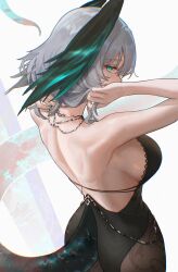 1girl absurdres alternate_costume aqua_eyes aqua_nails arknights bare_back bare_shoulders black_dress breasts c113oreo cowboy_shot dress feathered_wings from_behind grey_hair hands_in_hair head_wings highres ho&#039;olheyak_(arknights) jewelry long_tail looking_at_viewer looking_back necklace snake_tail solo tail wings