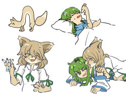 2girls ^_^ animal_ears between_fingers biting biting_ear blue_shirt blush closed_eyes collared_shirt detached_sleeves fangs fox fox_ears fox_girl frog_hair_ornament furrification furry furry_female green_eyes green_hair green_ribbon hair_between_eyes hair_ornament haojbleng highres holding kochiya_sanae kudamaki_tsukasa kudamaki_tsukasa_(fox) light_brown_hair long_bangs long_hair looking_at_another medium_hair multiple_girls neck_ribbon one_eye_closed open_mouth ribbon romper shirt simple_background sleeve_ribbon smile touhou upper_body vial white_background white_romper white_shirt white_sleeves yellow_eyes
