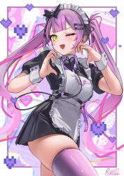 ;d apron black_dress blush commentary_request demon_tail dress fang frills gradient_hair green_eyes hair_ornament hairclip heart heart_hands highres hololive looking_at_viewer maid_apron maid_headdress multicolored_hair nattoushouyu3 one_eye_closed open_mouth pink_thighhighs pleated_dress sidelocks signature skin_fang smile tail thighhighs tokoyami_towa