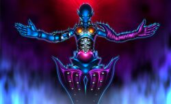1girl aura bald bald_female blue_skin boots breasts closed_mouth colored_skin dark_necrofear darkness doll_joints duel_monster elbow_gloves gloves joints malganis-lefay no_eyebrows outstretched_arms pointy_ears purple_gloves single_elbow_glove single_glove small_breasts solo spread_arms thigh_boots yellow_eyes yu-gi-oh!