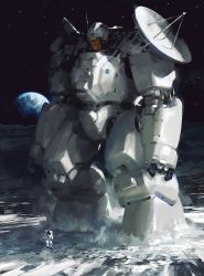 antennae astronaut dust earth_(planet) emblem epic halil_ural helmet jumping logo mecha mecha_focus moon mrdream nasa nasa_logo on_moon original planet radar_dish realistic robot science_fiction signature sky solo space spacesuit star_(sky) starry_sky