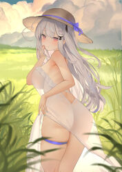 1girl absurdres ass breasts commentary_request cowboy_shot dress from_behind grey_hair hat highres large_breasts long_hair looking_at_viewer looking_back niliu_chahui original outdoors paid_reward_available pink_eyes see-through_silhouette solo straw_hat thigh_strap white_dress