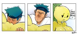 1boy 1girl 3koma artist_name black_eyes blue_hair blue_headband border breasts clitoral_hood closed_eyes closed_mouth clothed_male_nude_female collarbone colored_skin comic completely_nude couple cunnilingus english_text food fruit furrowed_brow green_hair headband hetero high_ponytail highres interspecies large_breasts leaf lemon long_hair looking_down monster_girl multiple_views noctoc nude open_mouth oral original plant_girl plant_hair ponytail puckered_lips pussy pussy_juice shiny_skin shirt short_hair signature solid_oval_eyes speech_bubble spread_legs talking u_u uncensored white_border white_shirt wince yellow_skin