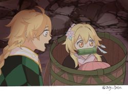 Rule 34 | 1boy, 1girl, :d, aether (genshin impact), ahoge, alternate costume, bamboo, basket, blonde hair, braid, braided ponytail, brother and sister, commentary, cosplay, english commentary, flower, genshin impact, hair between eyes, hair flower, hair ornament, in basket, in container, japanese clothes, julydelic, kamado nezuko, kamado nezuko (cosplay), kamado tanjirou, kamado tanjirou (cosplay), kimetsu no yaiba, kimono, long hair, long sleeves, low ponytail, lumine (genshin impact), mouth guard, open mouth, parody, ponytail, short hair, short hair with long locks, siblings, sidelocks, single braid, smile, voice actor connection, wide sleeves, yellow eyes