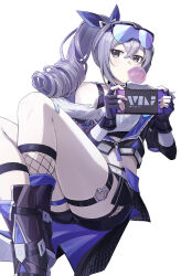 Rule 34 | 1girl, absurdres, belt, black boots, black choker, black shorts, blowing bubbles, boots, choker, commentary, crop top, drill hair, eyewear on head, feet out of frame, fishnets, fur-trimmed jacket, fur trim, grey eyes, grey hair, handheld game console, highres, holding, holding handheld game console, honkai: star rail, honkai (series), isuhi, jacket, looking at viewer, midriff, ponytail, shirt, short shorts, shorts, silver wolf (honkai: star rail), simple background, single bare shoulder, single off shoulder, sitting, solo, sunglasses, symbol-only commentary, thigh strap, thighs, white background, white belt, white shirt
