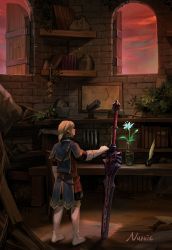 1boy absurdres alternate_costume belt blonde_hair blue_cape blue_eyes boots cape earrings elbow_gloves gloves highres huge_weapon inkwell jewelry link looking_up nintendo pointy_ears ponytail quill red_sky silent_princess sky sword tehwi the_legend_of_zelda the_legend_of_zelda:_breath_of_the_wild two-handed_sword weapon white_footwear white_gloves window
