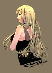 1girl aosuna artist_name back black_dress blonde_hair blue_eyes breasts brown_background dress earrings gigi_andalusia gundam gundam_hathaway&#039;s_flash highres jewelry long_hair looking_back solo upper_body