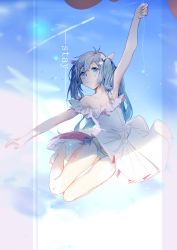 1girl absurdres arm_up bad_id bad_pixiv_id balloon bare_legs bare_shoulders barefoot blue_eyes blue_hair blue_sky body_writing bow breasts closed_mouth cloud cloudy_sky collarbone day dress female_focus fingernails floating frills hair_bow hatsune_miku highres holding holding_balloon looking_up midair outdoors outstretched_arm panties pantyshot short_dress side-tie_panties sky small_breasts solo strapless strapless_dress striped_clothes striped_panties thigh_gap twintails underwear vocaloid white_bow white_dress yyb