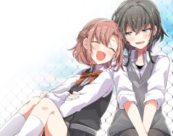 2girls asanagi_yori belt black_hair blush bow bowtie braid closed_eyes couple grey_belt grey_sweater_vest happy kino_himari leaning_on_person multiple_girls net official_art red_bow red_bowtie sasayaku_you_ni_koi_wo_utau sleeve_rolled_up smile sweater_vest takeshima_eku yuri