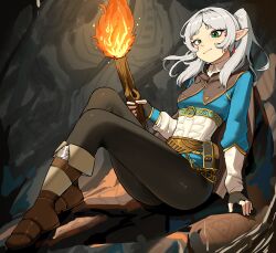 1girl absurdres boots breasts capelet champion&#039;s_tunic_(zelda) closed_mouth cosplay earrings elf frieren green_eyes highres holding holding_torch jewelry long_hair long_sleeves nintendo pants parted_bangs pointy_ears princess_zelda princess_zelda_(cosplay) rajah_(dajah) sidelocks solo sousou_no_frieren the_legend_of_zelda the_legend_of_zelda:_breath_of_the_wild the_legend_of_zelda:_tears_of_the_kingdom torch tunic twintails white_hair