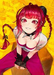 1girl absurdres braid breasts cleavage collar from_above hair_bun highres long_hair looking_at_viewer medium_breasts pants red_eyes red_hair shirt sitting smile solo spiked_collar spikes twin_braids zyllypepper